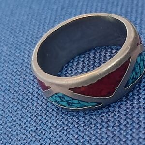 Artistic Silver Ring with Red and Turquoise Accents